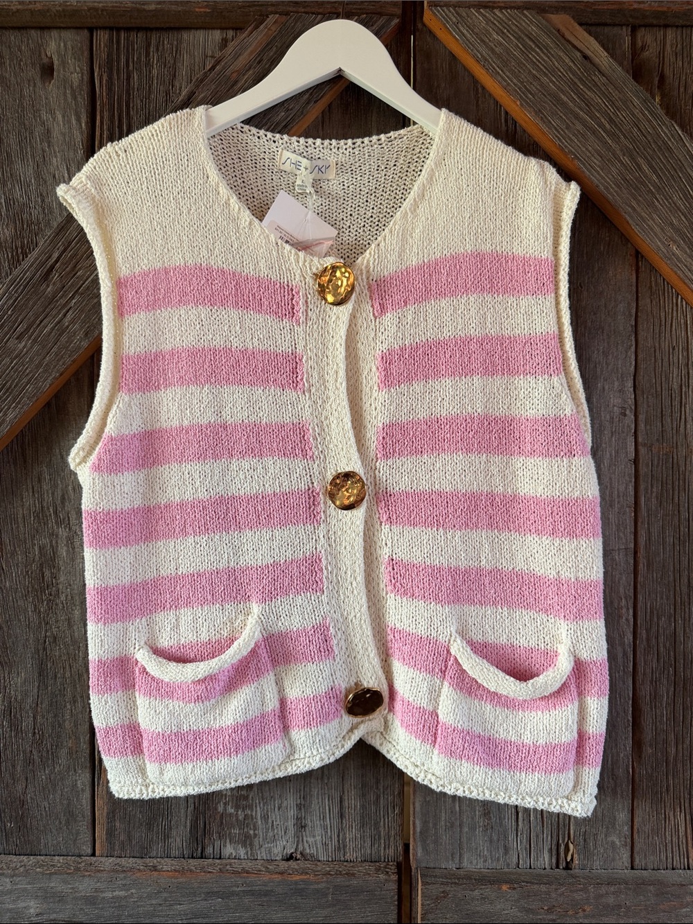 She + Sky Cream and Pink Striped Knit Vest
